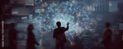 Businessman Interacting with Futuristic Digital Network Interface