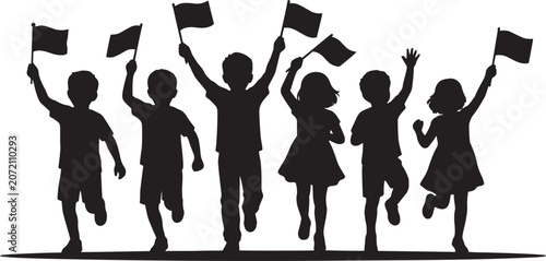 Happy Children Waving Flags Silhouette, Patriotism, National Pride and Freedom Celebration Vector Illustration