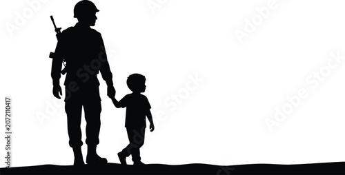 Patriotic Soldier Holding Child's Hand Silhouette, Protection, Hope and National Pride Vector Illustration
