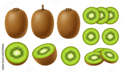 Fresh kiwi fruit set with whole and sliced kiwis isolated on white background