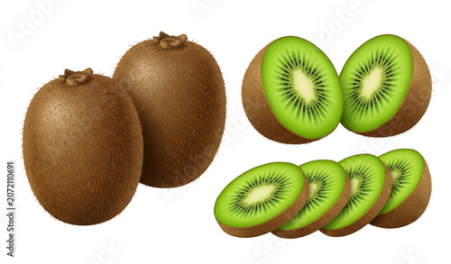 Fresh kiwi fruit set with whole and sliced kiwis isolated on white background