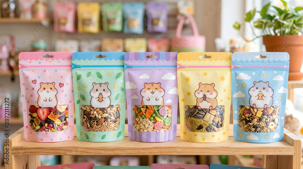 Fototapeta premium Colorful hamster food pouches on a wooden shelf in a pet store