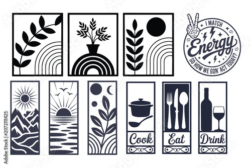 Modern minimalist wall art templates set with abstract botanical, landscape, and kitchen silhouettes, vector illustration for laser cutting or home decor