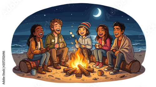 Diverse group of friends laughing around a campfire on the beach at night