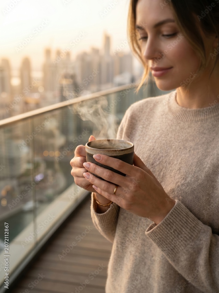 Fototapeta premium Woman holding a steaming cup of coffee on a balcony overlooking a city skyline