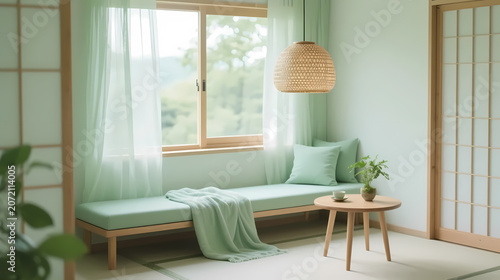 Cozy japanese tatami corner with green cushions