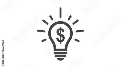 A stylized dark gray line art icon of a light bulb with a dollar sign inside and radiating lines on a white background