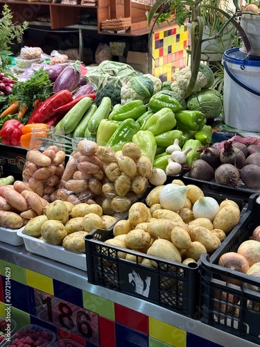 Fresh Vegetables And Potatoes Displayed At Local Farmers Market