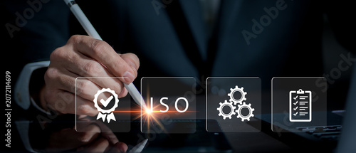 Certification and standardization process, iso certified business, conformity to international standards and quality assurance concept. Person touching certificate icon...	
