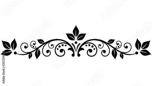 Black Decorative Floral Border with Leaves and Swirls on White Background Keywords: border, decorative, floral, flourish, ornament, swirl, leaf, vine, elegant