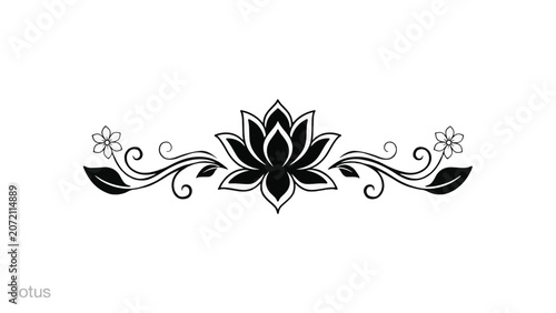 Black Silhouette Lotus Flower Floral Ornament with Swirls and Small Flowers on White Background