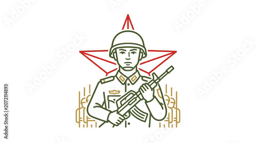 A soldier in a helmet holds a rifle standing in front of a red star.