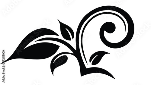 Black Swirling Floral Design with Leaves on a White Background Keywords: floral, swirl, vine, leaf, plant, nature, organic, decorative, ornament, flourish, design