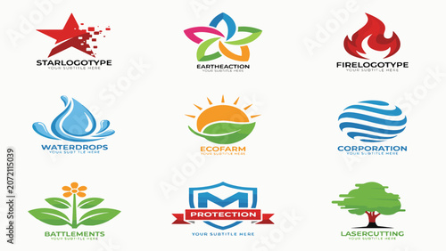 Collection of nine diverse business logo designs featuring abstract shapes and nature elements