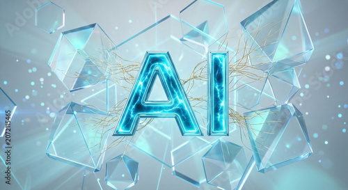 AI Symbol with Geometric Shapes and Particles in Digital Abstract Background