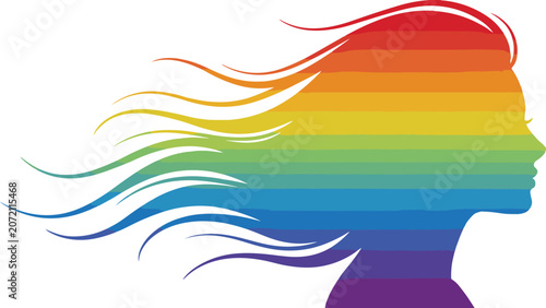 Silhouette of a woman's profile with flowing hair in rainbow colors against a white background
