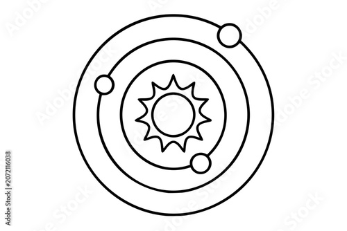 Foto Clean black and white line art vector icon of a solar system model for space curriculum materials, educational posters, science fairs, or web navigation
