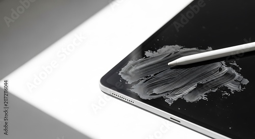 Stylus on digital tablet screen closeup.