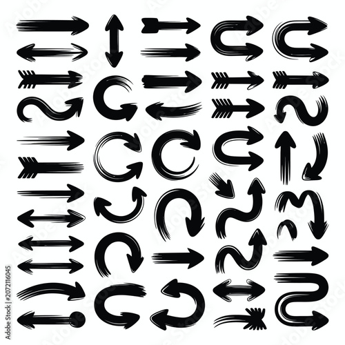 Brush Stroke Arrow Set in Black Ink, Hand Drawn Direction Arrows Collection on White