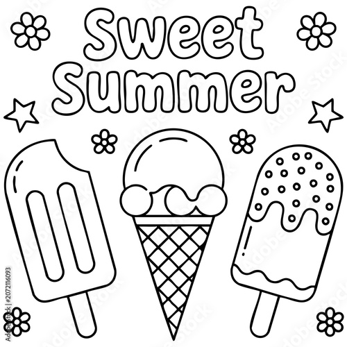 Obraz na płótnie Summer Dessert Coloring Page With Popsicles Ice Cream Cone Floral And Star Eleme