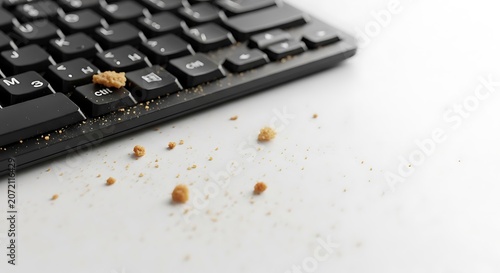 Crumbly keyboard with food debris scattered.