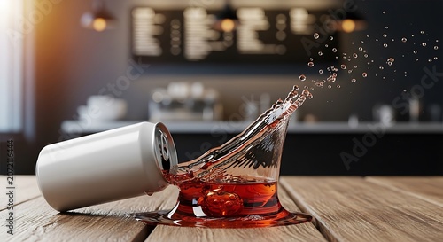 Glass of red wine spilled on table.