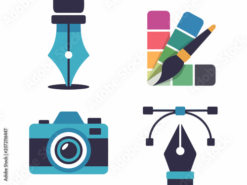 Set of graphic design icons including a fountain pen color palette with brush camera and vector pen tool flat vector illustration for creative concepts