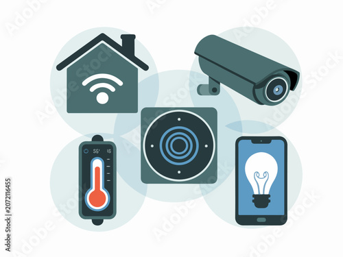 Smart home technology icons including security camera thermostat and Wi-Fi house symbol for modern connected living concepts