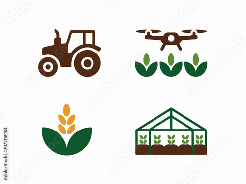 Set of agricultural icons including tractor drone wheat and greenhouse representing modern farming technology and concepts isolated on white background
