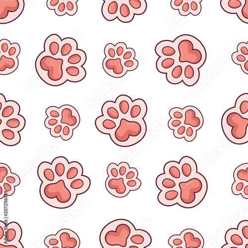 Seamless pattern with white paw prints and dots on a beige background. Cute animal footprint vector illustration for pet shop branding, wallpaper, and fabric textile design
