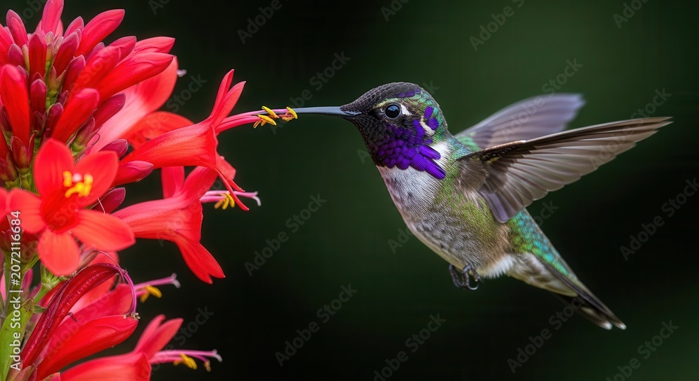 Obraz premium Male Hummingbird with Iridescent Purple Throat Hovering and Feeding on Bright Red Tubular Flowers