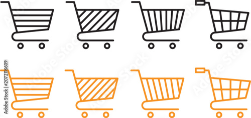 Shopping cart and e-commerce trolley icon set. Vector illustration of various supermarket basket designs in black outline and golden styles for online retail and checkout premuim looks design