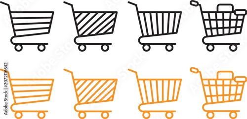 Shopping cart and e-commerce trolley icon set. Vector illustration of various supermarket basket designs in black outline and golden styles for online retail and checkout nice cart
