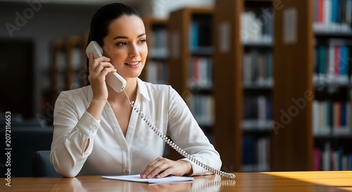 Businesswoman talking on phone in library.