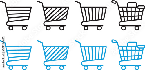 Shopping cart and e-commerce trolley icon set. Vector illustration of various supermarket basket designs in black outline and golden styles for online retail and checkout dashing vibes