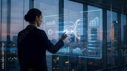 Businesswoman Interacting with Digital HUD Datamesh. 4K Video