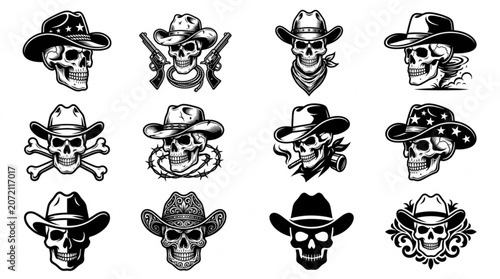 Schilderij op canvas Cowboy skulls with hats and bandanas.
