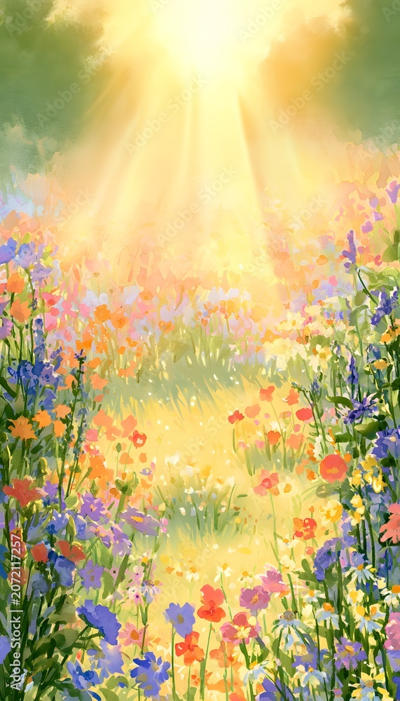 Obraz premium Vibrant wildflower meadow illustration evokes serenity golden hour light paints a tranquil pastoral landscape scene
