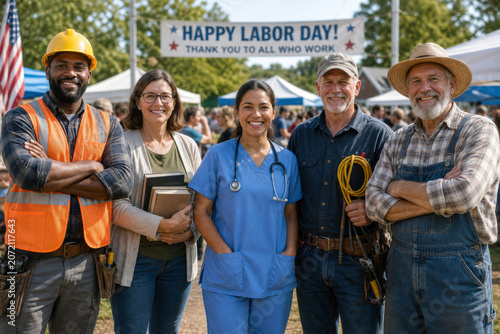 Diverse professionals stand together in front of a celebratory banner during a Labor Day community event.