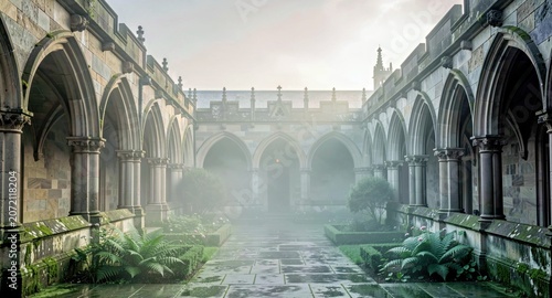Serene cloister courtyard with misty arches for tranquil architectural visuals.

