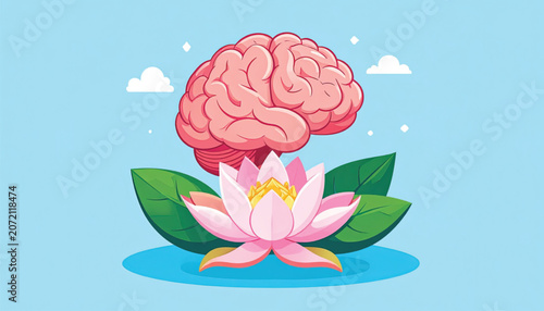 Brain floating above pink lotus flower.