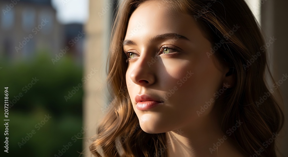 Obraz premium Young woman looking out window thoughtfully.