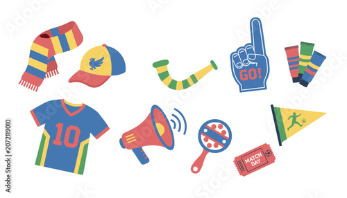 Soccer fan gear with scarf, cap, horn, foam finger, face paint, jersey, megaphone, rattle, ticket, and pennant.