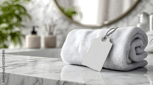 Soft white rolled cotton towel featuring a blank paper tag resting on a polished marble surface in a bright bathroom