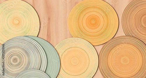 Beautiful circular wood cross-sections in natural shades of beige, brown, and pastel tones, showcasing intricate growth rings, perfect for rustic decor, crafts, backgrounds, and artistic projects