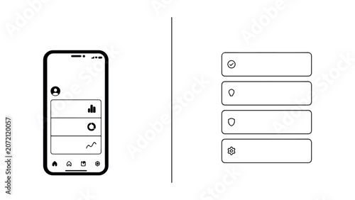 Smartphone app interface elements and menu list components with icons for navigation and settings profile and chart display.