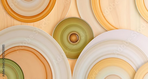 Elegant layered circular patterns in soft pastel shades of white, beige, green, and brown, creating a modern, stylish design perfect for decor, backgrounds, art projects, and visual inspiration.