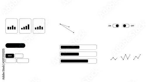 Collection of ui ux design elements like toggles buttons graphs and chat bubbles for app prototyping and web design.