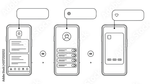 Three mobile app wireframes showing different screens for ui ux design development user profile settings and data visualization.