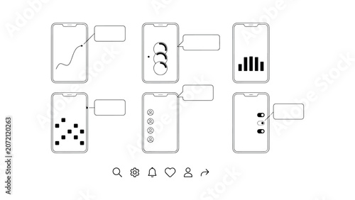 Smartphone app interfaces with graphs charts user profiles and settings icons on transparent background design elements.